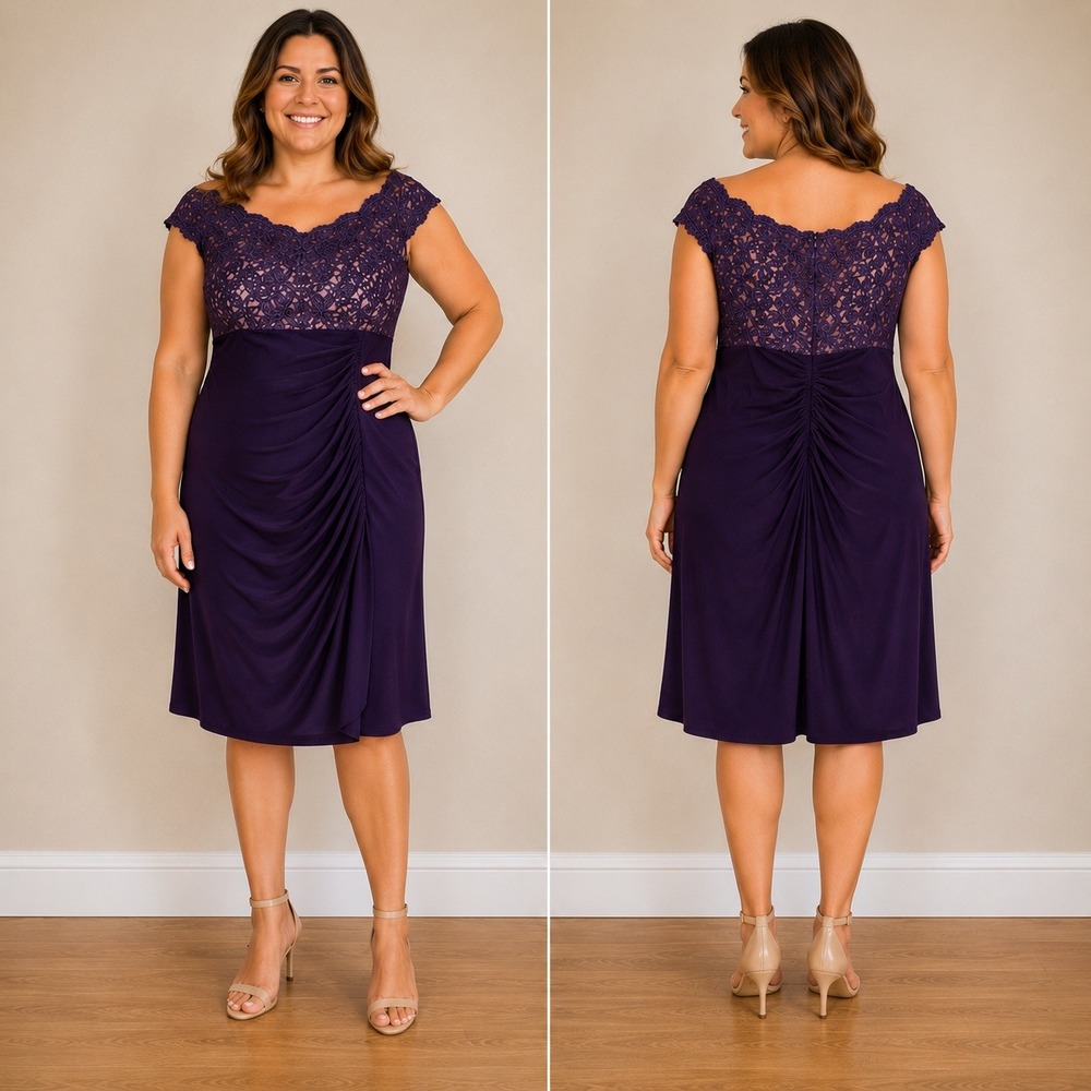XSCAPE Sheath Dress Womens 16 Purple Lace Metallic Ruched Formal Cocktail Gala